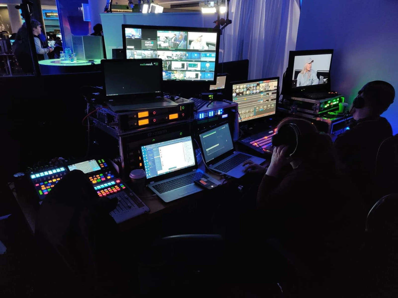 A live-broadcast control setup from my work with Mediemerah, with switching, audio, monitoring and rack equipment.